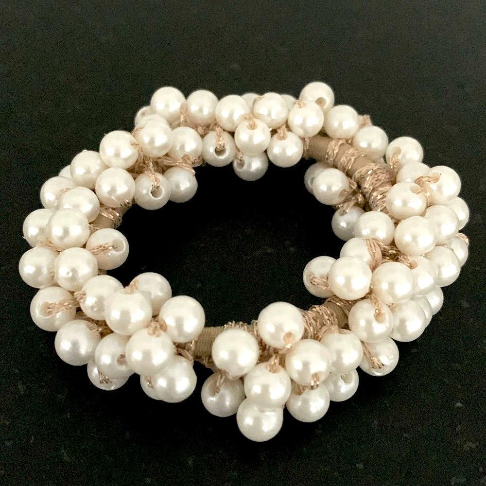 The Bardot Hair Tie – Creamy White Pearl Clusters on Gold Elastic | Gift Pouch